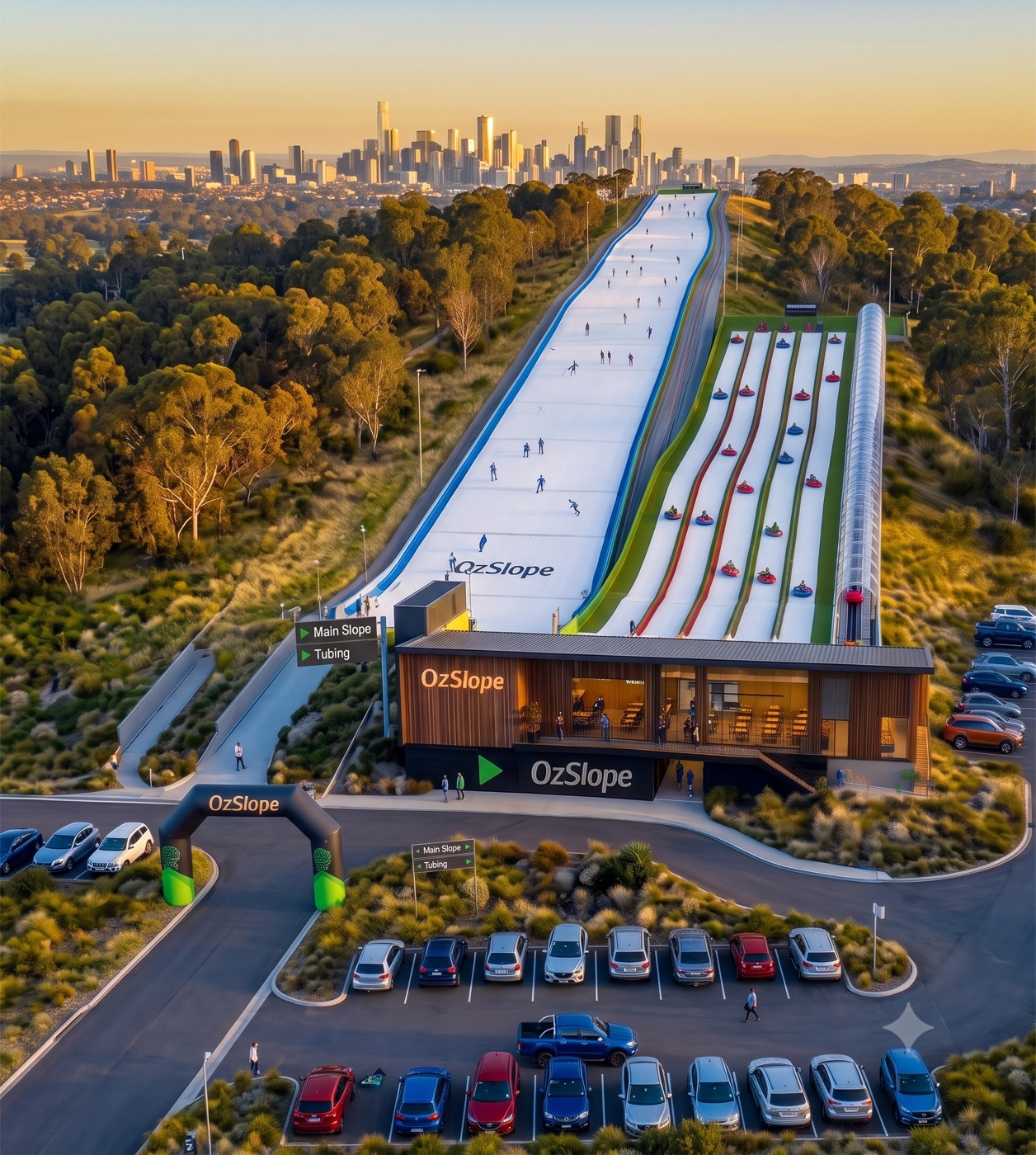 Concept render of the OzSlope venue at golden hour, with the main slope and tubing lanes running down to the lodge and the city skyline behind