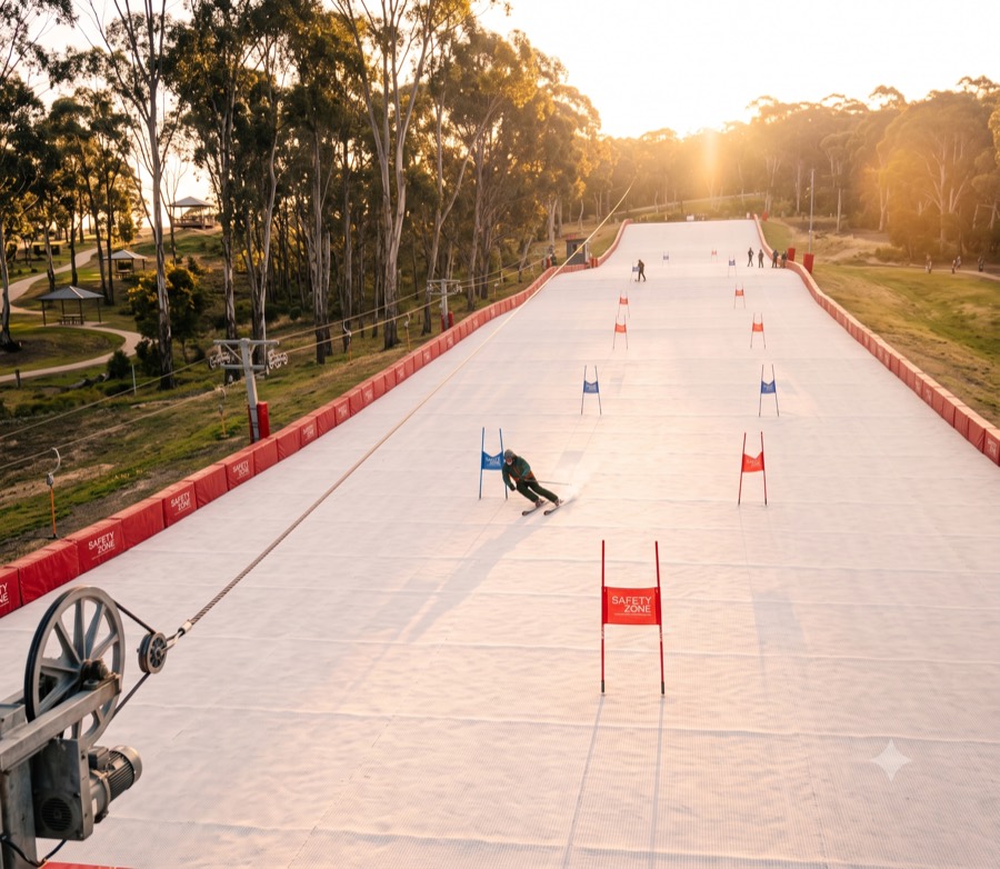 A skier carving through a gate course on the main slope at sunset