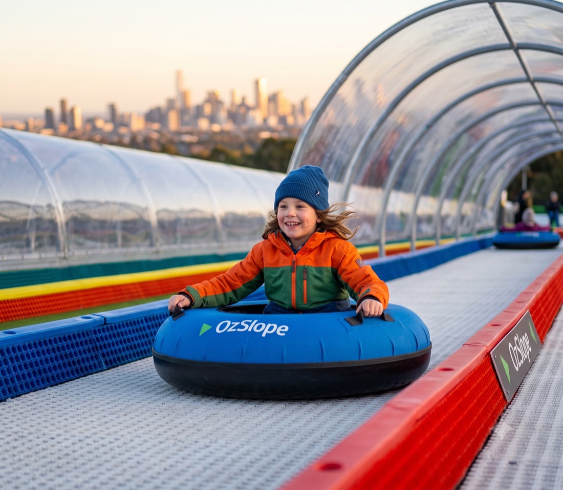 A child grinning in an OzSlope tube, riding the covered tubing lane with the city skyline behind